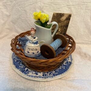 Vintage blue & white plate bundle vignette girl sugar bowl chunky creamer